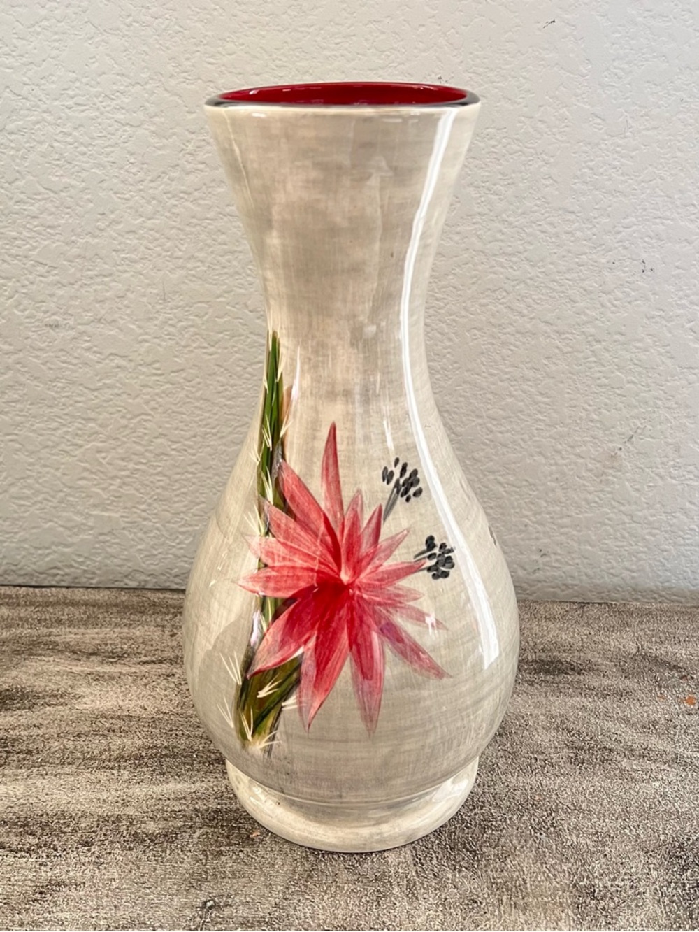 Heidi Schoop Vintage Hand-Painted Grey Pottery 12” Vase with Red Vibrant Floral